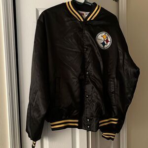 Vintage NFL Pittsburgh Steelers Locker Line Black Satin Bomber Snap Up Jacket- X